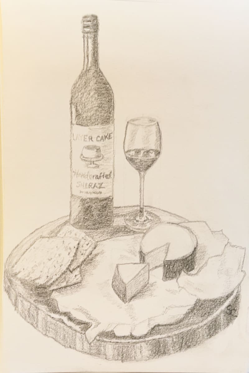 Fromage and Vino: A Sketch in Graphite by Shelley Crouch 