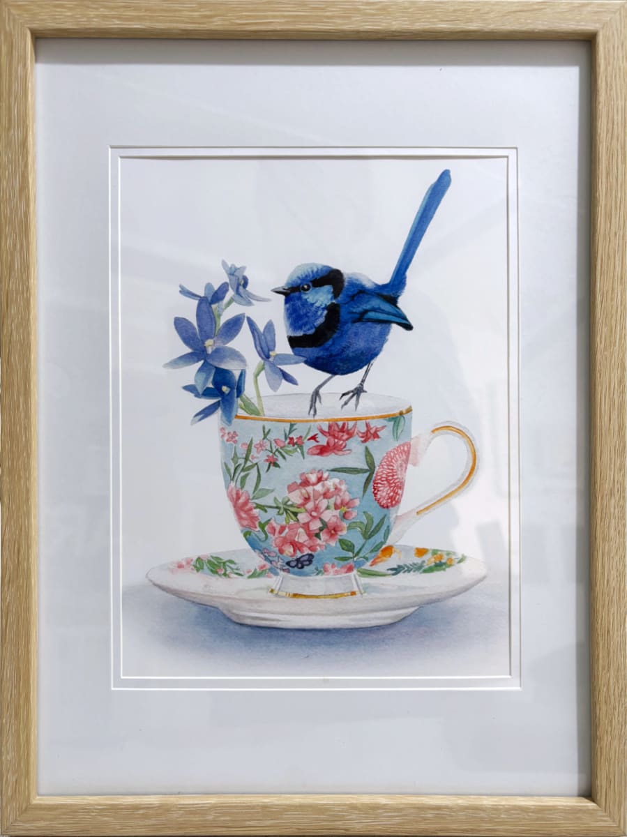 Male Splendid Wren and Blue Lady Orchids Print by Polla Posavec 