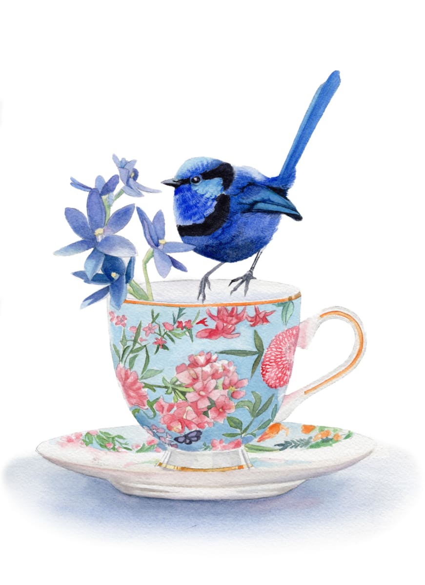 Male Splendid Wren and Blue Lady Orchids by Polla Posavec 