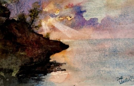 Breakthrough by Dale Whittaker  Image: On the south side of Madeline Island, one can look east to the Porcupine mountains of Michigan's Upper Peninsula.  This watercolor captures the sun as it breaks through over the open water.