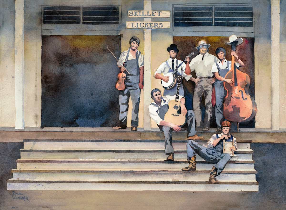 Texas 1983 by Dale Whittaker  Image: In the early 1980's a group of college students formed a band called the Skillet Lickers.  This watercolor recalls the textures and warmth of rural Texas, friendships, and good music.