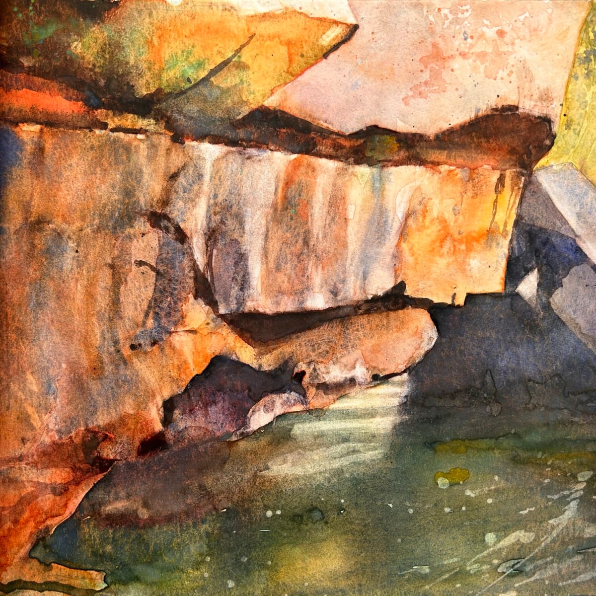 Painted Brownstone by Dale Whittaker  Image: When the sun rises on the east side of Hermit Island and the water is still, the first rays paint the brownstone overhangs and reflections dance on the rock.  There are so many colors in the painted rock for that short moment it takes your breath away.