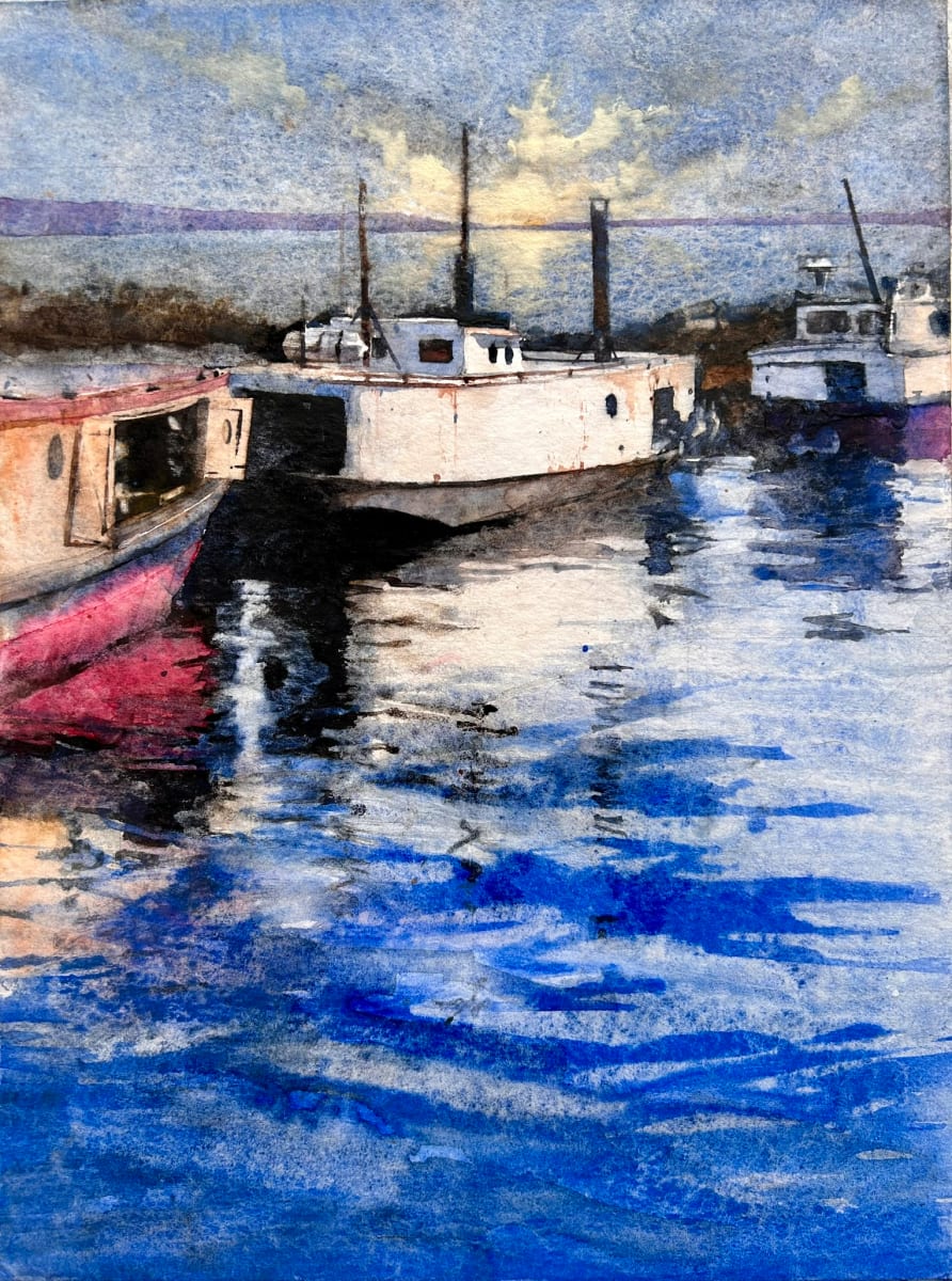 Moonrise Over Bodin's Wharf by Dale Whittaker  Image: The moon rises over fishing tugs in Bayfield as they prepare to head out into the Apostle Islands for trout, whitefish or herring.  