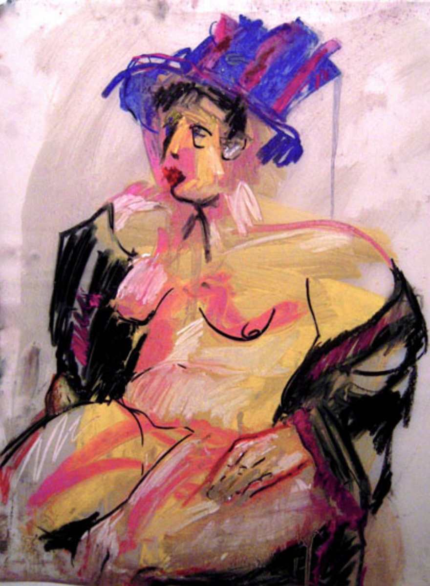 Nude in a Pink and Blue Striped Hat by Elaine Schloss 