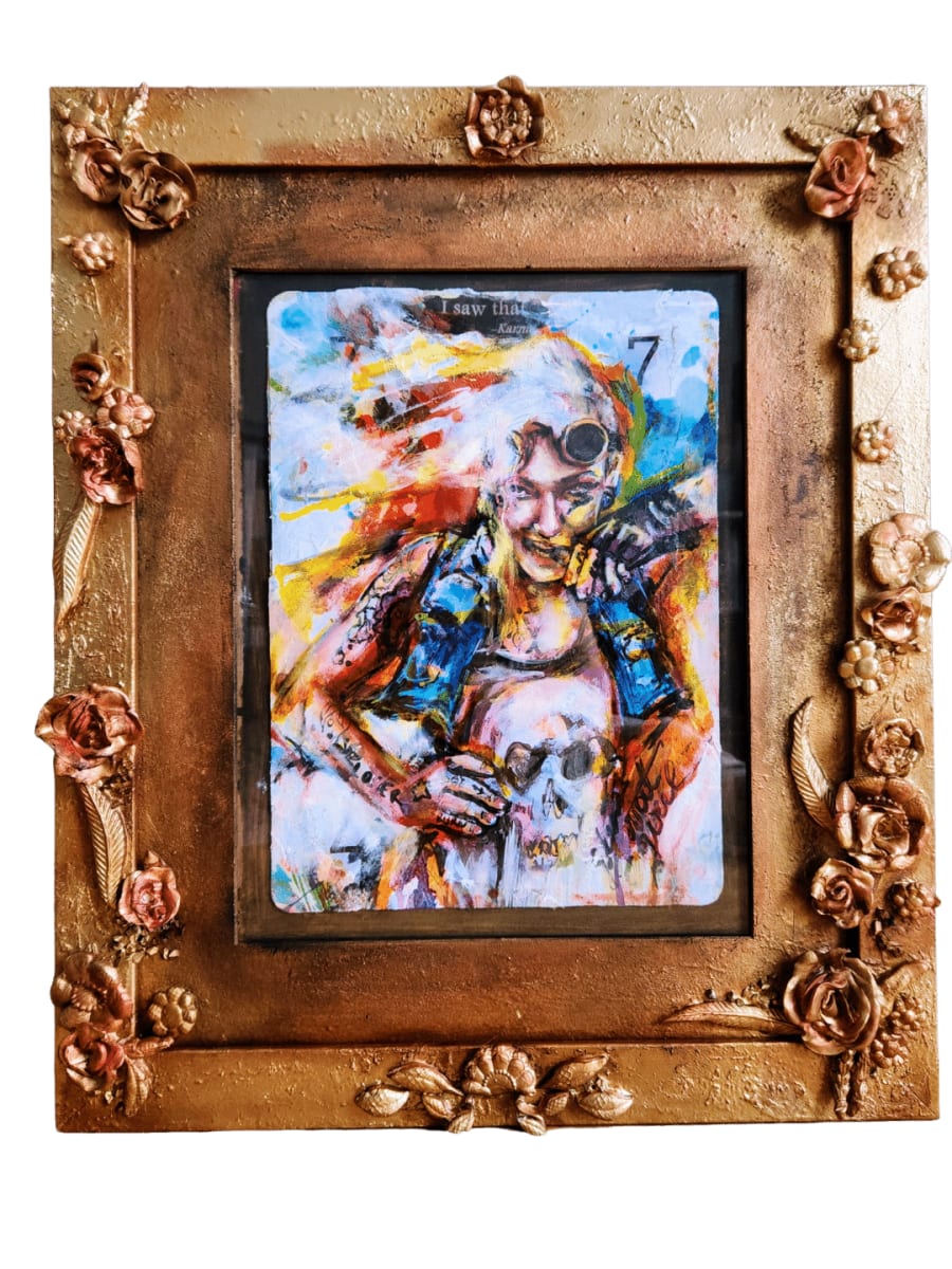 Watch the World Burn With Bespoke Frame by Sara Leger - Cherry Bomb Studio  Image: Mixed media and oil on 7CLUB Playing card in a bespoke frame adorned in hand-sculpted roses, leaves and flowers.