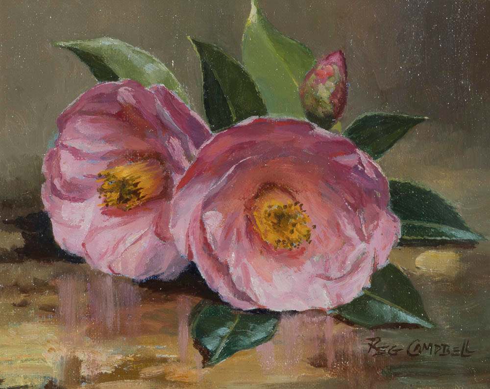 Pink Camellias by Reginald (Reg) CAMPBELL  Image: Reg Campbell, Pink Camellias, Singleton Civic Art Collection