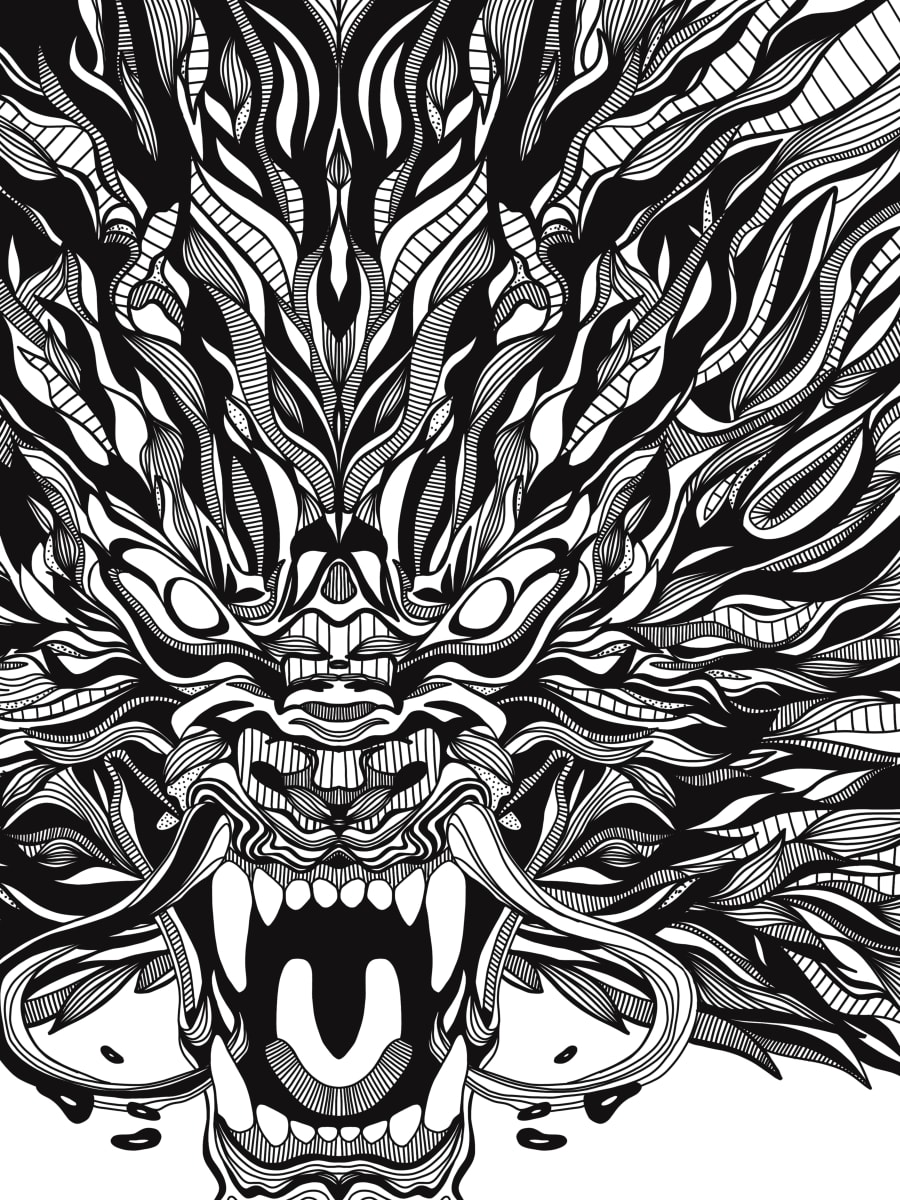 Flame Dragon by Rising Moon Studio  Image: Taylor created this original piece with ink pens drawn on archival paper, mounted on cradle board, sealant applied, and framed it in a floater frame. Artwork is signed and ready to hang.