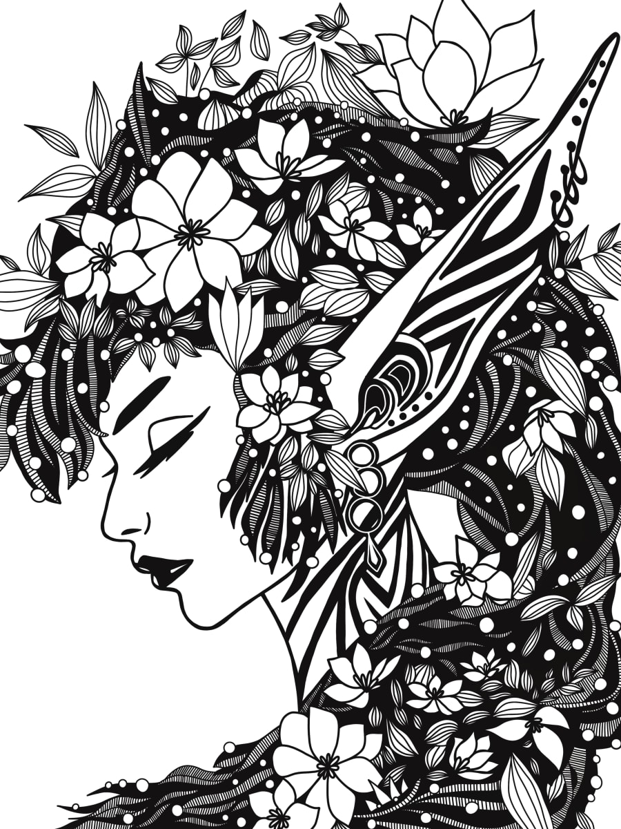 Flower Fae by Rising Moon Studio  Image: Original drawing by Taylor Schiffer-Jander. Acrylic pen on Legion Stonehenge white 250gsm paper, mounted to cradle board, sealed, varnished then framed. Artwork is signed and ready to hang.