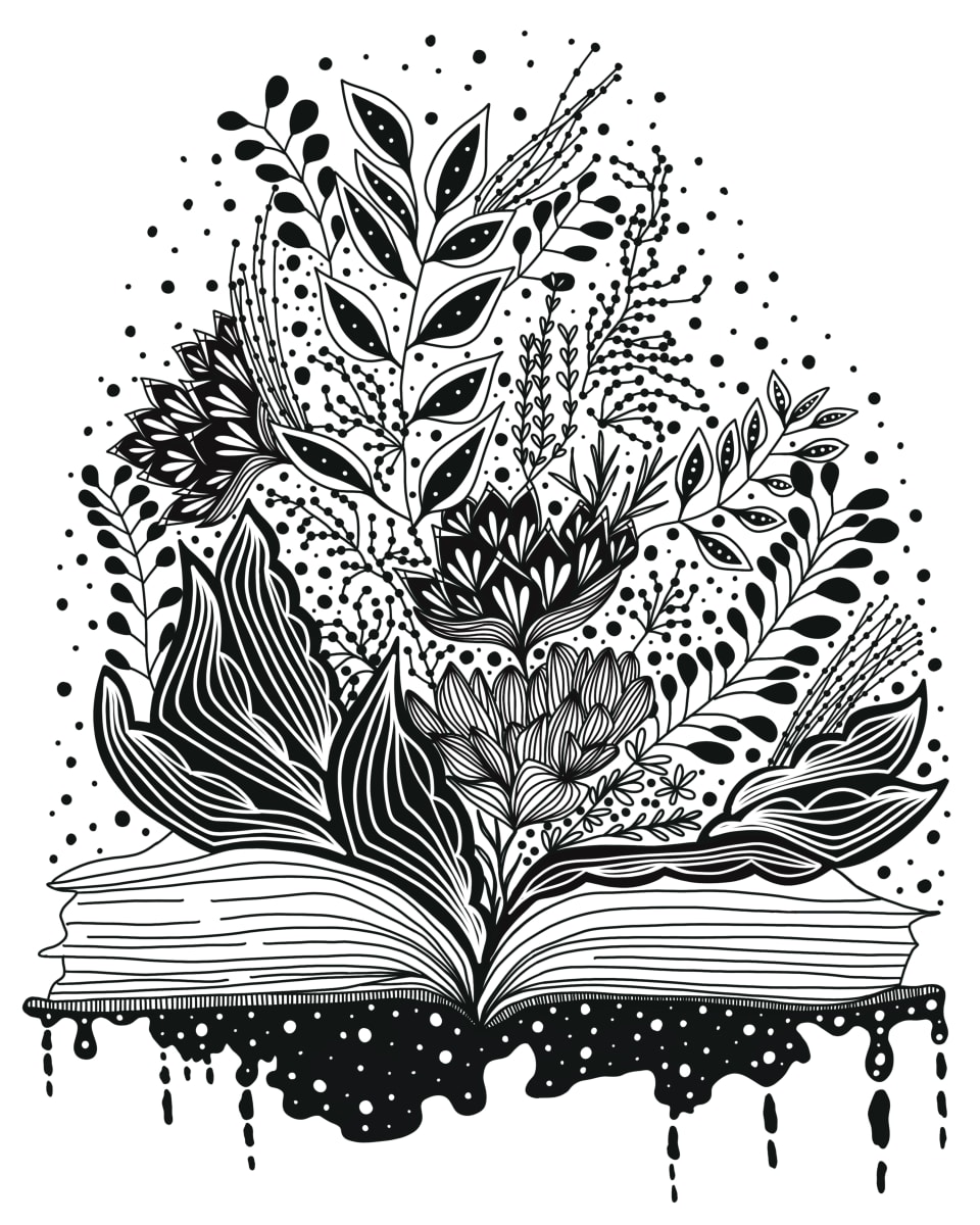 Flower Reading by Rising Moon Studio  Image: Original drawing by Taylor Schiffer-Jander. Acrylic pen on Legion Stonehenge white 250gsm paper, mounted to cradle board, sealed, varnished then framed. Artwork is signed and ready to hang.