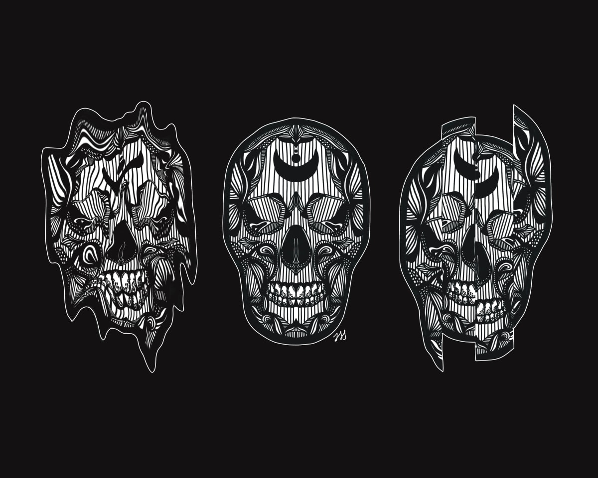 Skulls by Rising Moon Studio  Image: Original drawing by Taylor Schiffer-Jander. Acrylic pen on Legion Stonehenge white 250gsm paper, mounted to cradle board, sealed, varnished then framed. Artwork is signed and ready to hang.
