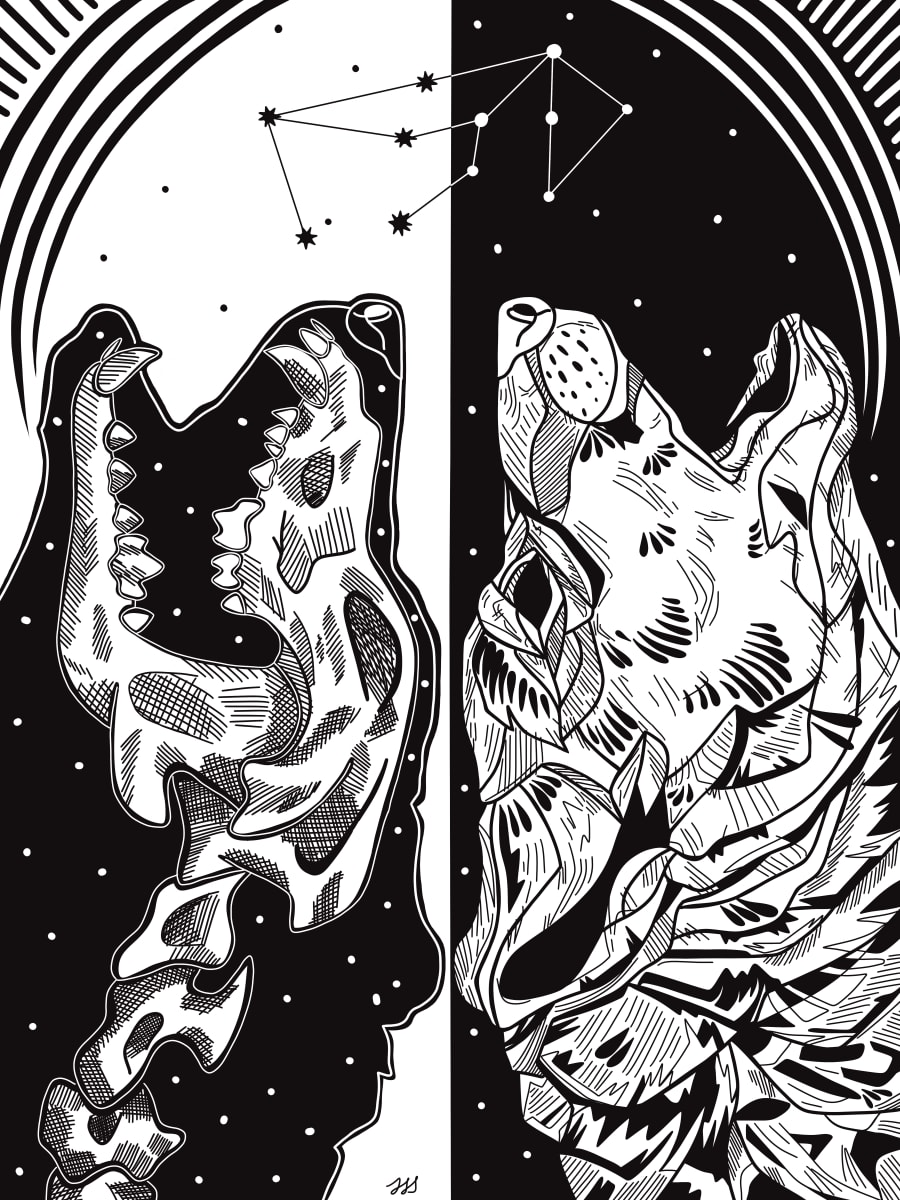 Howl by Rising Moon Studio  Image: Original drawing by Taylor Schiffer-Jander. Acrylic pen on Legion Stonehenge white 250gsm paper, mounted to cradle board, sealed, varnished then framed. Artwork is signed and ready to hang.