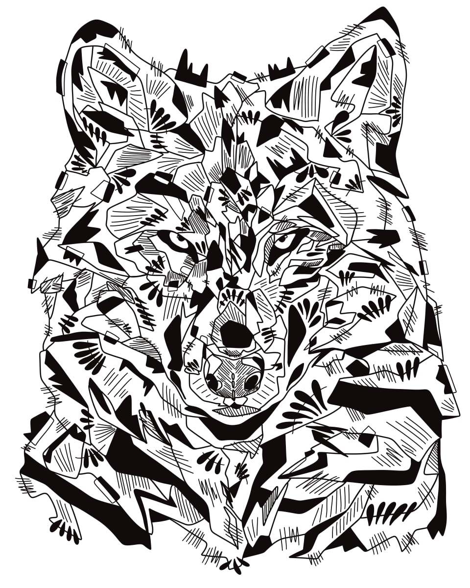 Wolf by Rising Moon Studio  Image: Original drawing by Taylor Schiffer-Jander. Acrylic pen on Legion Stonehenge white 250gsm paper, mounted to cradle board, sealed, varnished then framed. Artwork is signed and ready to hang.