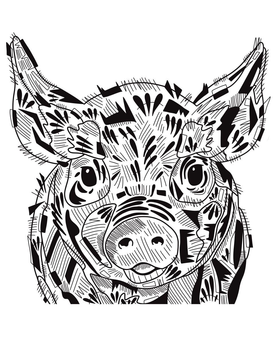 Piglet by Rising Moon Studio  Image: Original drawing by Taylor Schiffer-Jander. Acrylic pen on Legion Stonehenge white 250gsm paper, mounted to cradle board, sealed, varnished then framed. Artwork is signed and ready to hang.