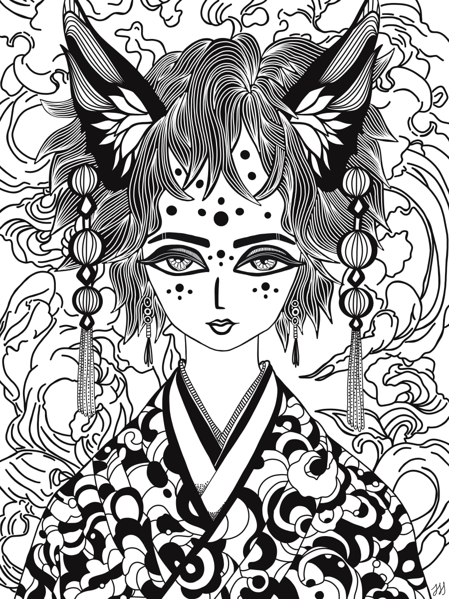 Kitsune by Rising Moon Studio  Image: Original drawing by Taylor Schiffer-Jander. Acrylic pen on Legion Stonehenge white 250gsm paper, mounted to cradle board, sealed, varnished then framed. Artwork is signed and ready to hang.
