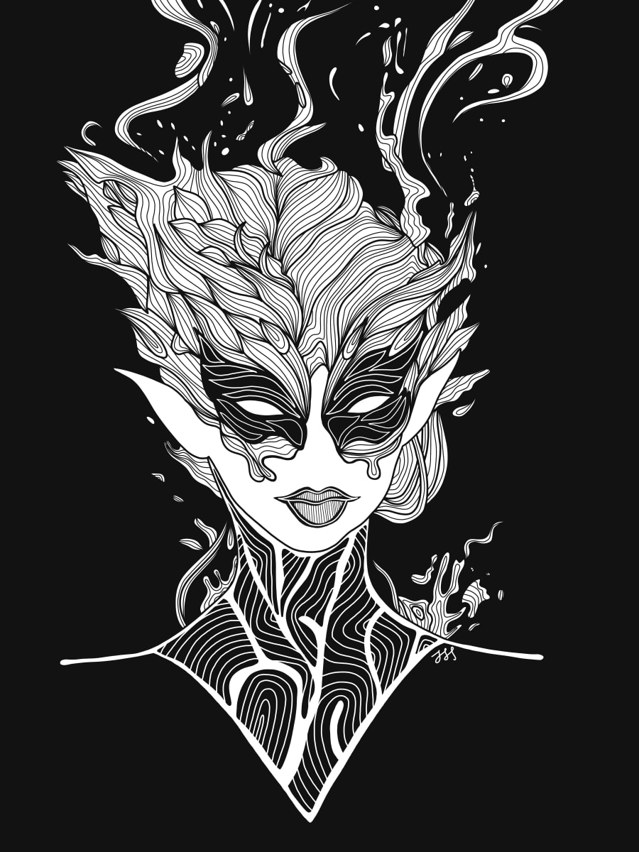Lady Death by Rising Moon Studio  Image: Original drawing by Taylor Schiffer-Jander. Acrylic pen on Legion Stonehenge white 250gsm paper, mounted to cradle board, sealed, varnished then framed. Artwork is signed and ready to hang.