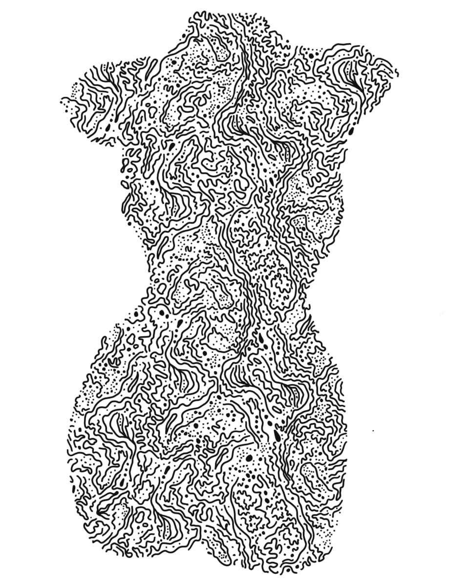 Squiggly Torso by Rising Moon Studio  Image: Original drawing by Taylor Schiffer-Jander. Acrylic pen on Legion Stonehenge white 250gsm paper, mounted to cradle board, sealed, varnished then framed. Artwork is signed and ready to hang.