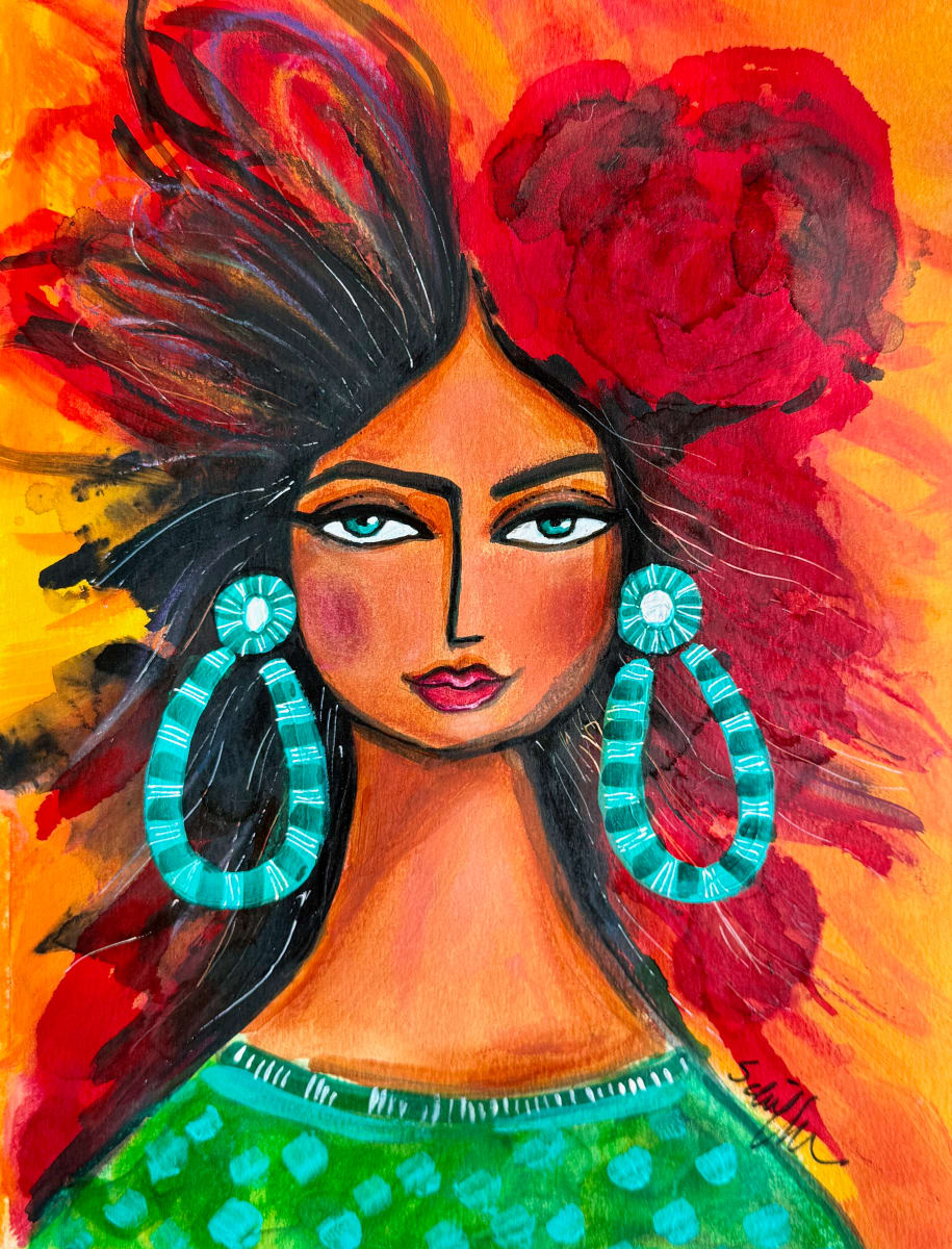 Senorita by Rising Moon Studio  Image: Original Painting by Theresa Schiffer. Mixed media on paper. Artwork is signed, framed, and ready to hang.