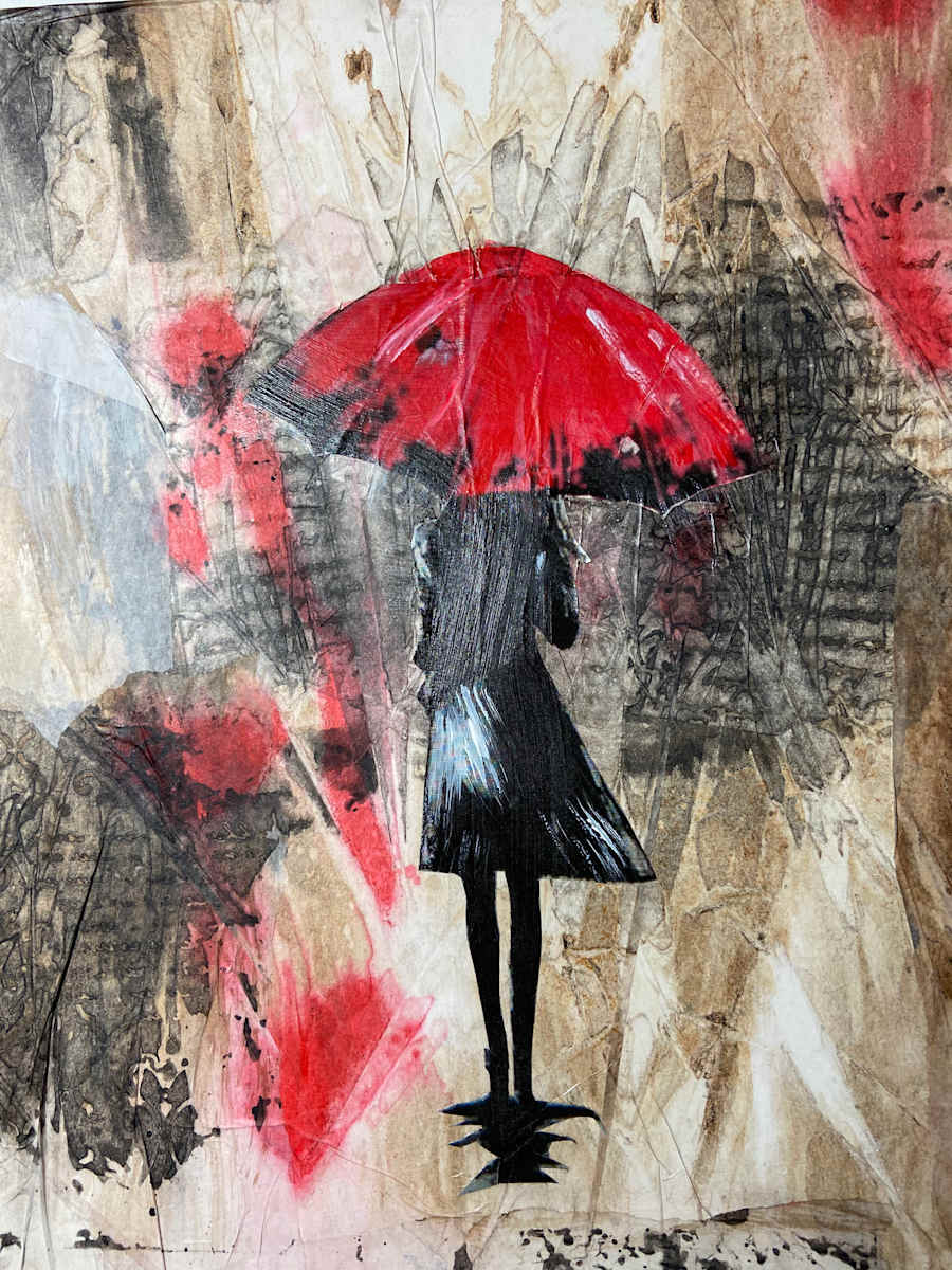 Puddle Jumping by Denise Mineau  Image: This piece is an acrylic collage painting set in a wide wood white frame to accent the colors in the painting. It is ready to hang. The piece also won an Honorable mention is a recent show in Florida. 