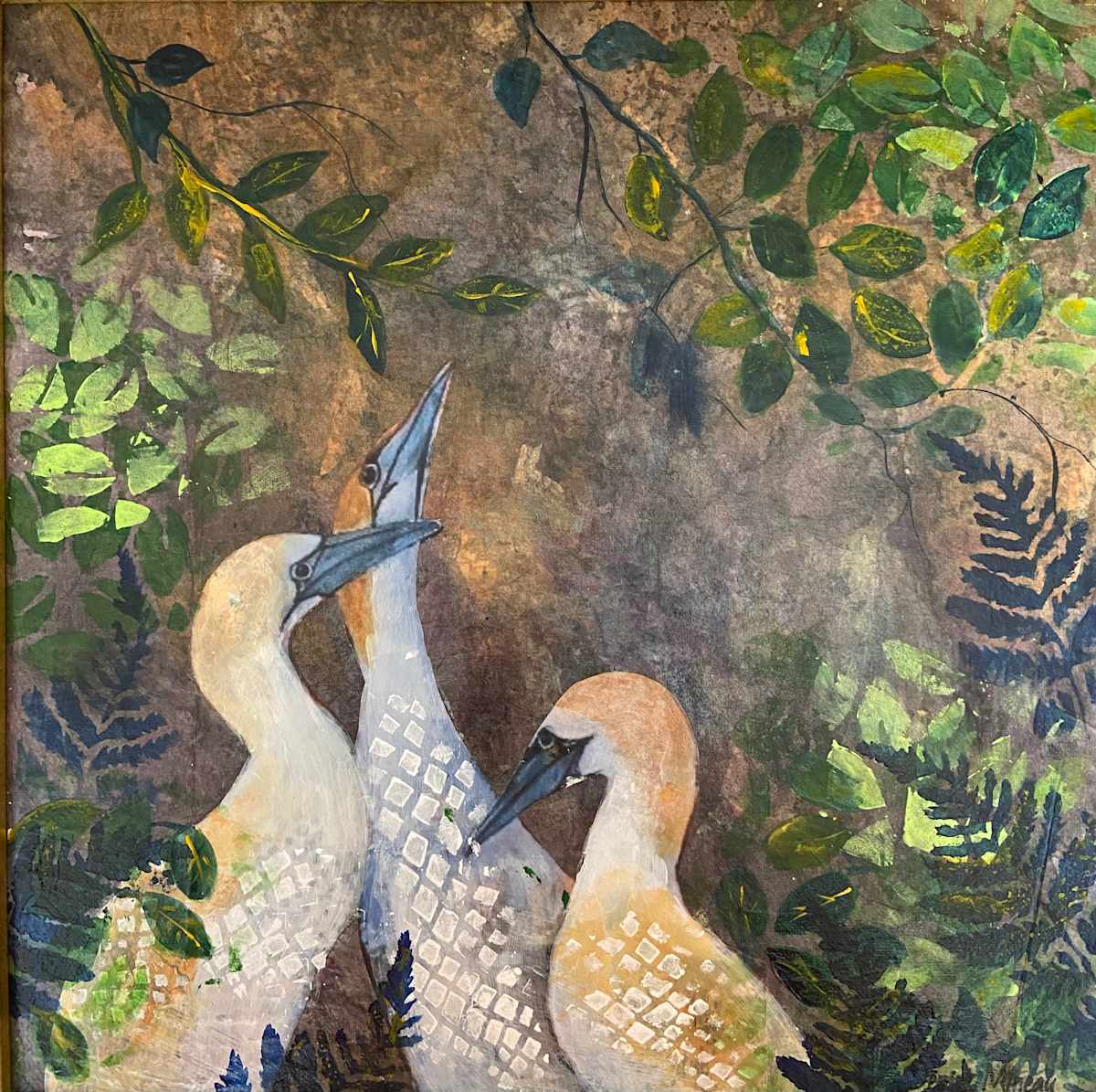 Protecting the Nest by Denise Mineau  Image: This art piece is an acrylic mixed media collage set in a thin gold frame which enhances the art. It is ready to hang.