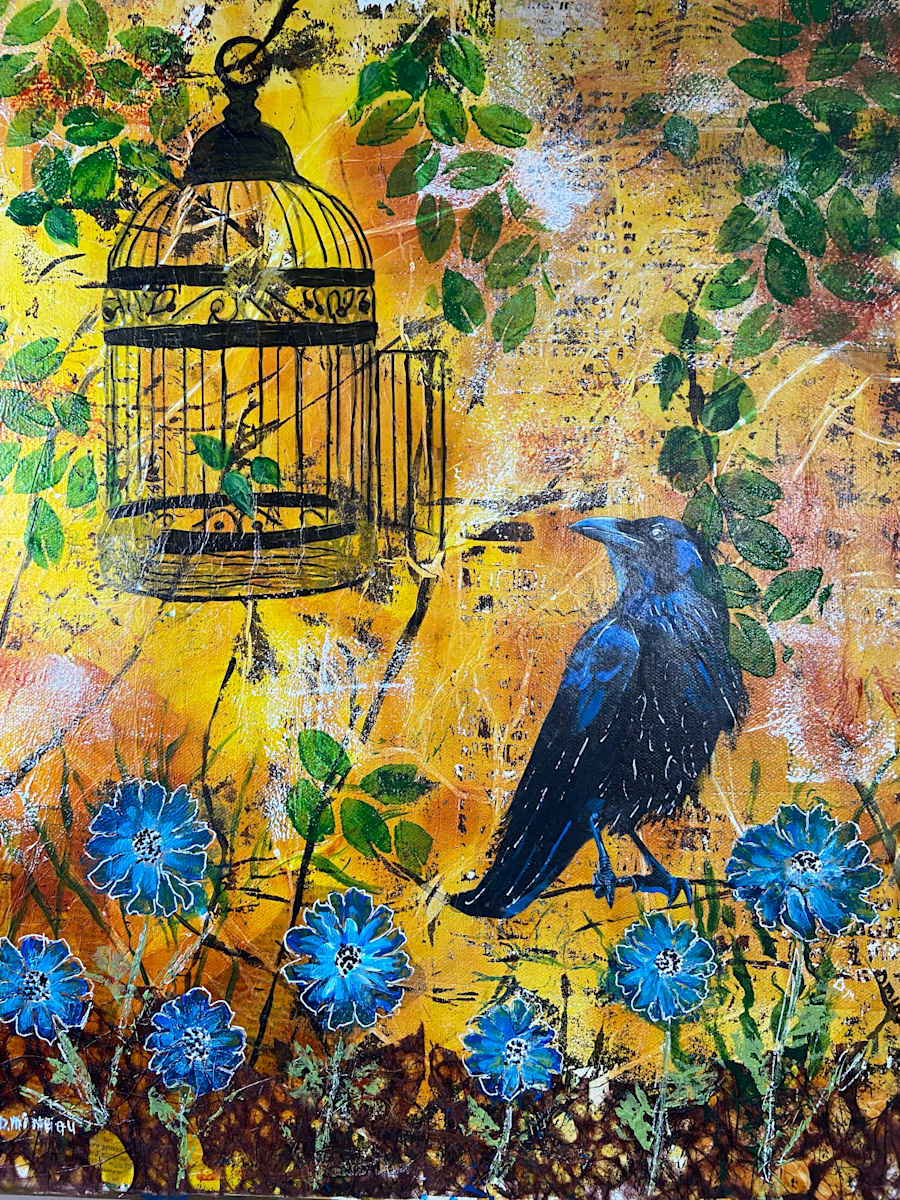 Something to Brag  About by Denise Mineau  Image: The art is a whimsical piece of a crow who has escaped the cage above. It is a mixed media acrylic with collage and is ready to hang.