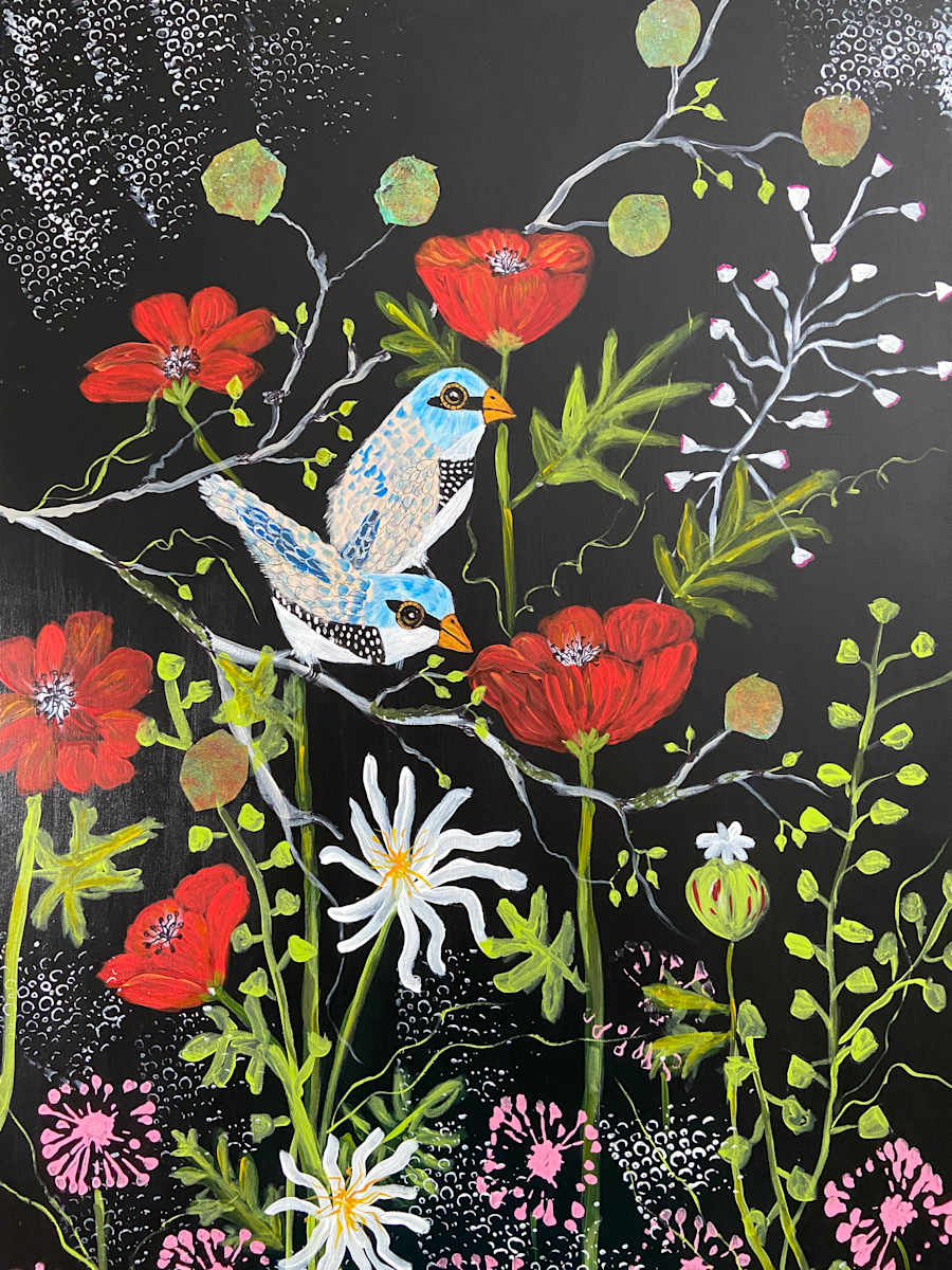 Sitting With the Poppies by Denise Mineau  Image: This is a large acrylic painting for bird and flower lovers. The canvas is wired and ready to hang.