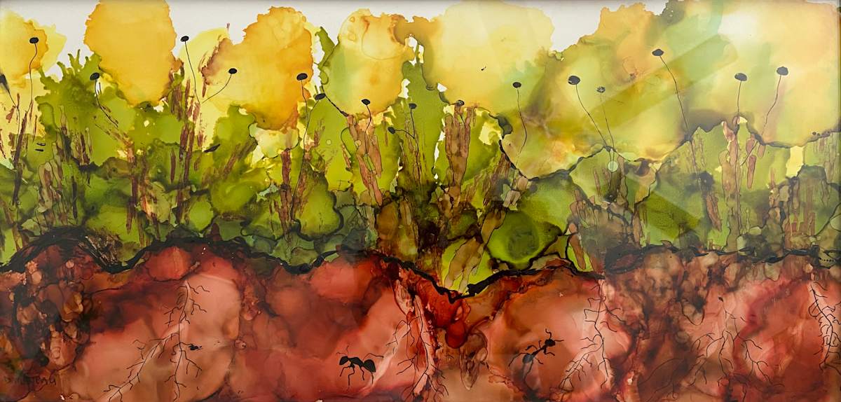 Happy Trails by Denise Mineau  Image: This smaller art piece is nicely framed in white, which compliments the bright alcohol ink colors.
The piece is framed and ready to hang.