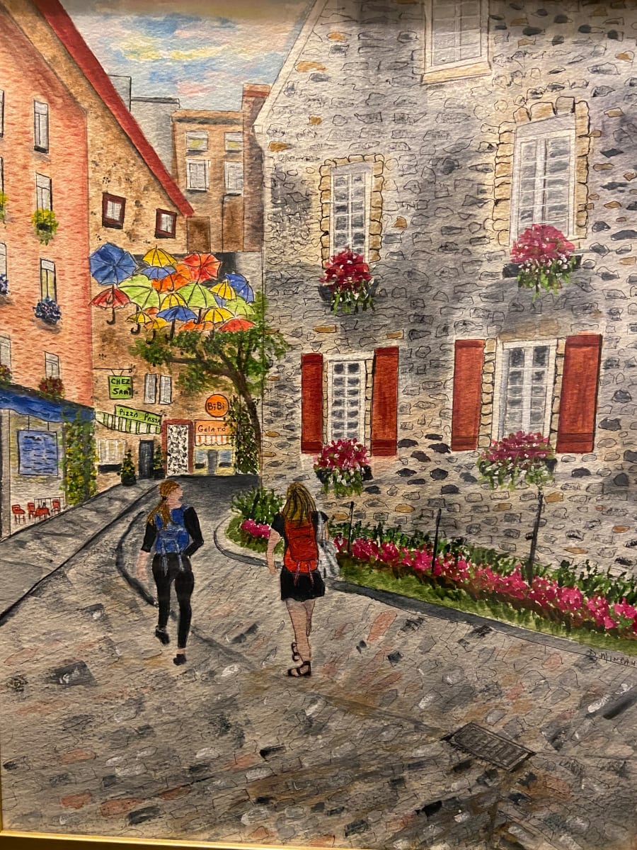 Walking Quebec city by Denise Mineau  Image: Framed original ready to hang
