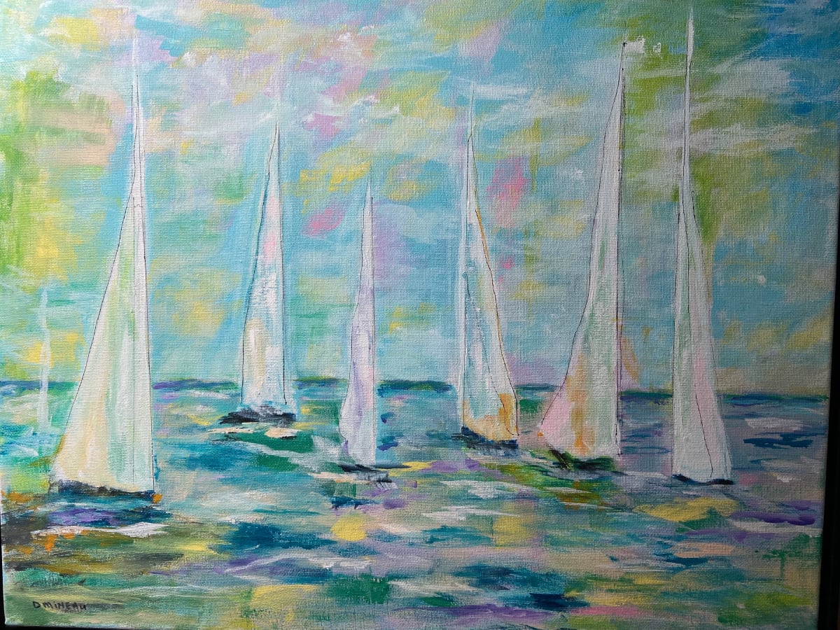 Regatta by Denise Mineau  Image: Regatta is an acrylic on canvas with light bright colors, framed and ready to hang.