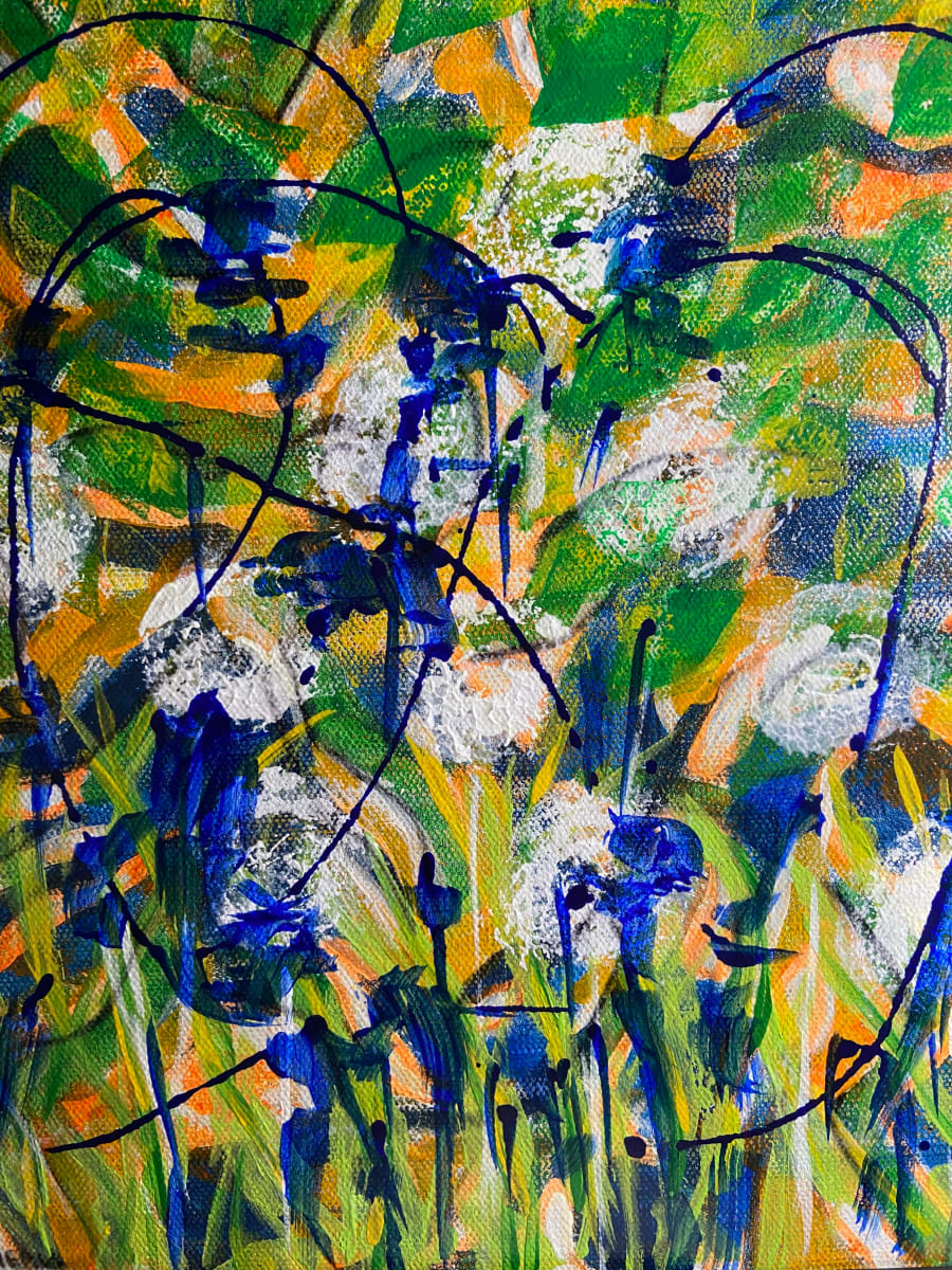 Bkue Iris by Denise Mineau  Image: Painting is an acrylic mixed media and framed behind glass, ready to hang.