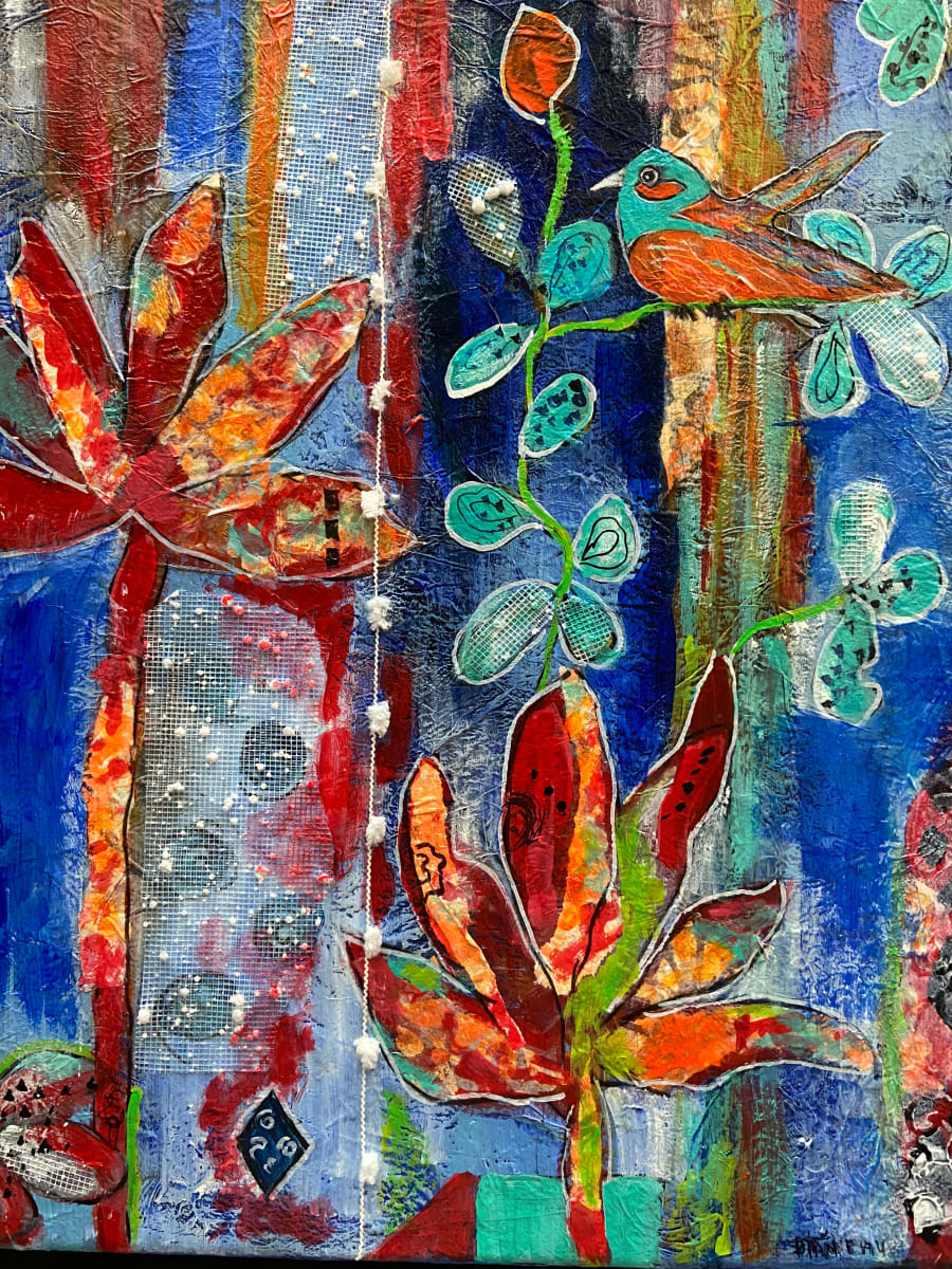 Just Add Water by Denise Mineau  Image: This Painting is framed in a white wide frame, and is sealed, wired and ready to hang. The white frame brings out the vibrant colors of the abstract piece.