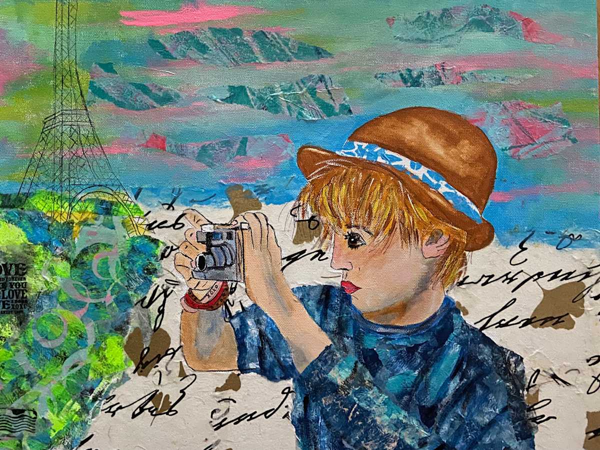 First Love by Denise Mineau  Image: First Love is a mixed media original in bright vivid colors. The thick gallery wrapped canvas  is wired and ready to hang. This will go fast!