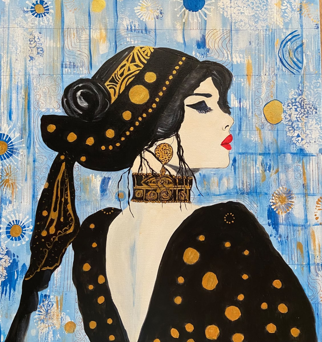 A Distant Glance by Denise Mineau  Image: This painting is a larger original, gallery wrapped mixed media. It is wired and ready to hang. The gold inlay shines brightly when under light! Note shipping is not included.
