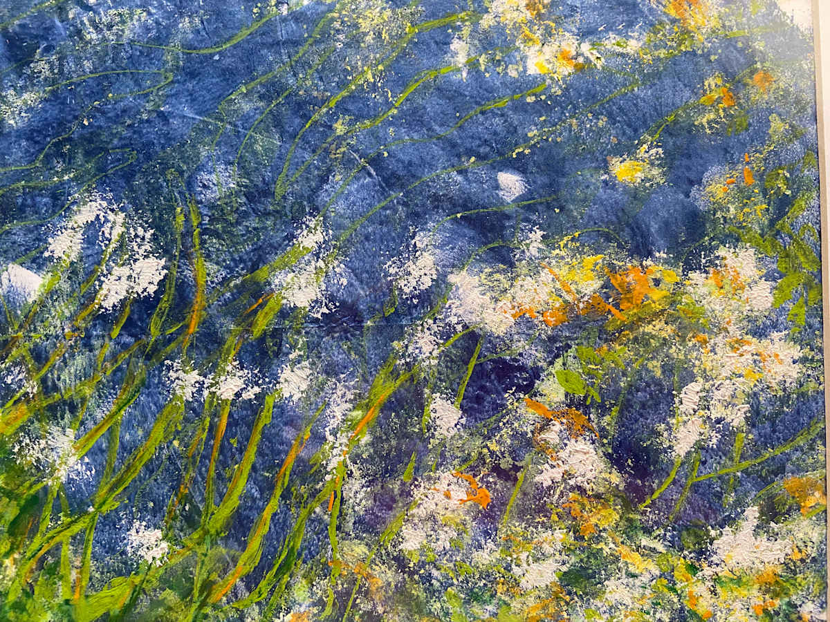 Pond's Edge by Denise Mineau  Image: Pon's Edge is a mixed media painting with a metallic blue shimmer. The painting is framed and wired and ready to hang.