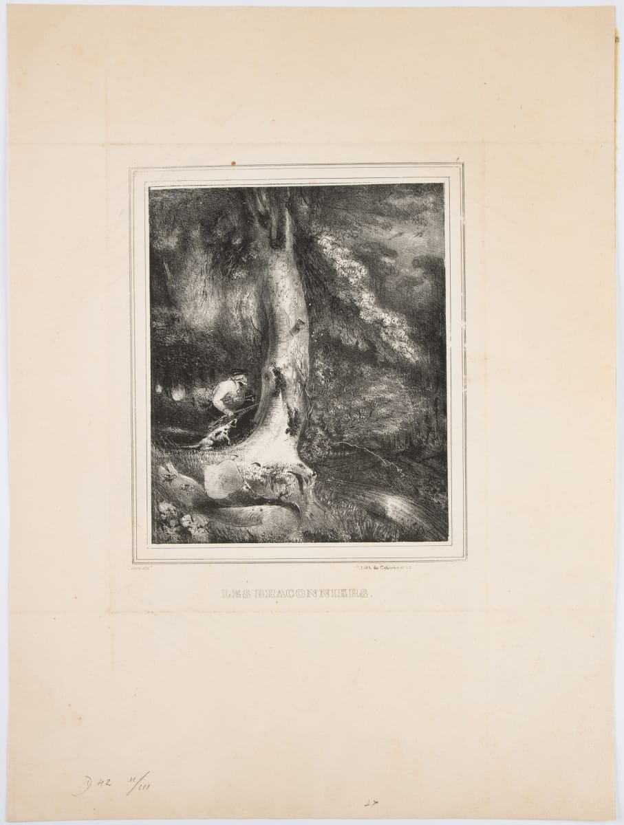 Scene de chasse, avec un braconnier avec son chien derriere un grose arbre en foret de fontainbleau by Paul Huet  Image: Paul Huet, Scene de chasse, avec un braconnier avec son chien derriere un grose arbre en foret de fontainbleau, 1830-1835