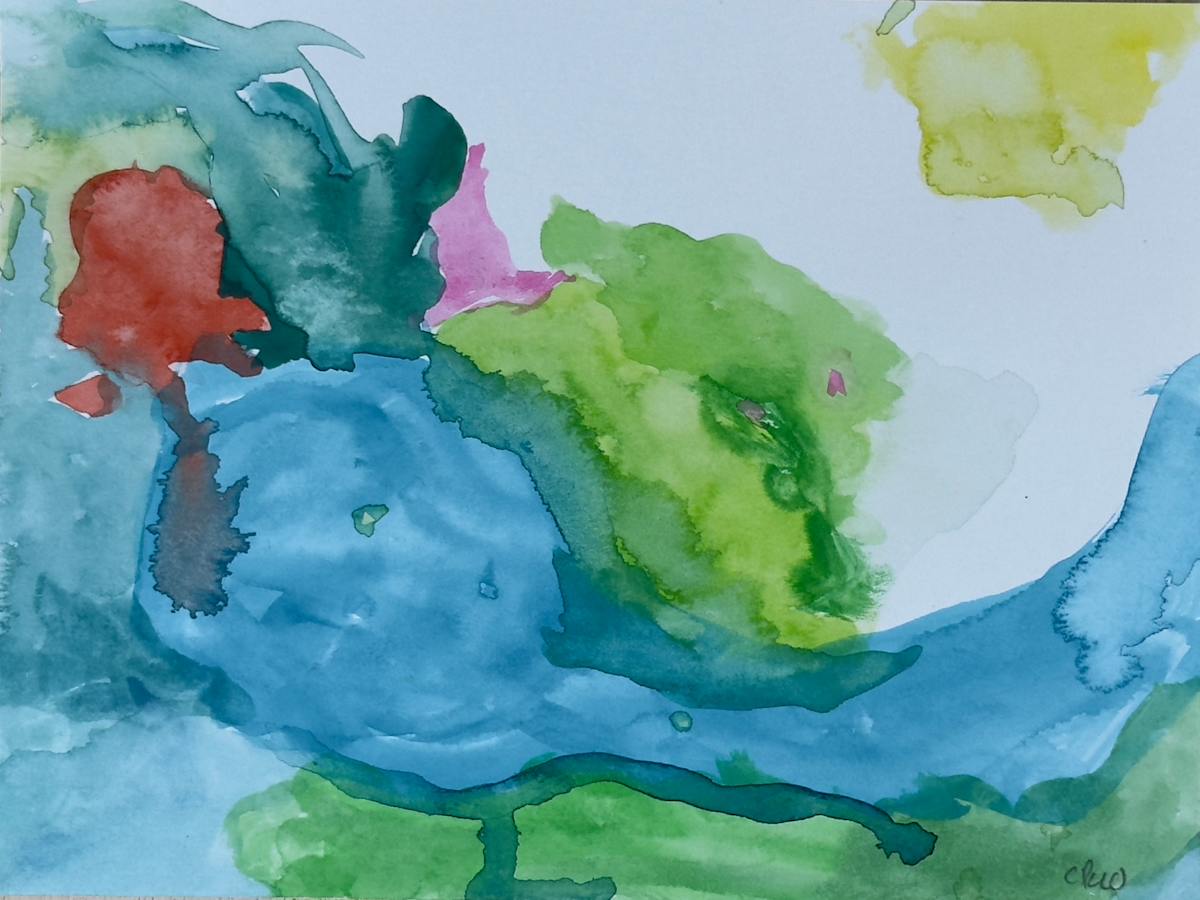 Down To The Waterfall by Chris Pero  Image: Down to The Waterfall is a piece inspired by water and flowers.   This gauche painting on paper is only 6 x 8" and has a strong impact. 