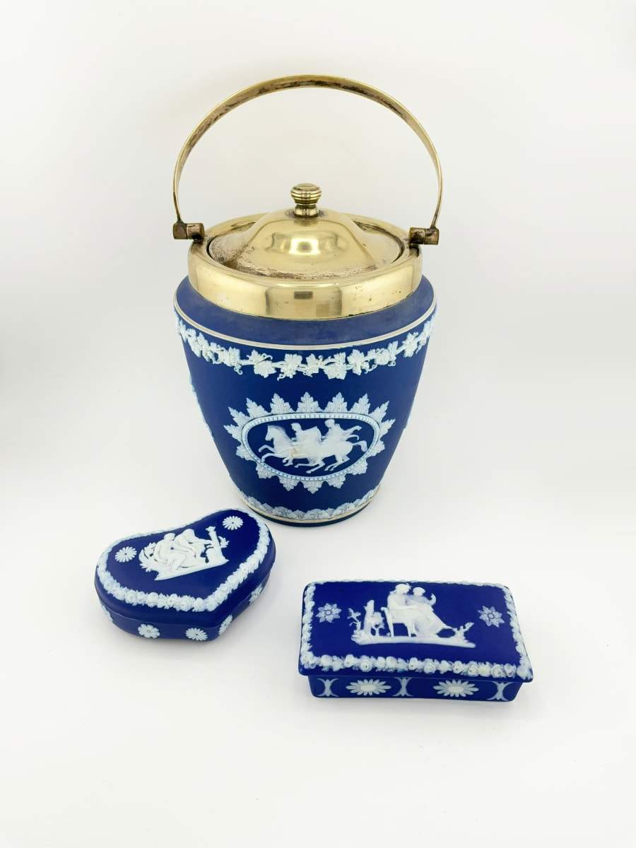 Antique WEDGWOOD Jasperware Blue and White 3 pc Set (Biscuit Jar, Match Box, Heart Box) 