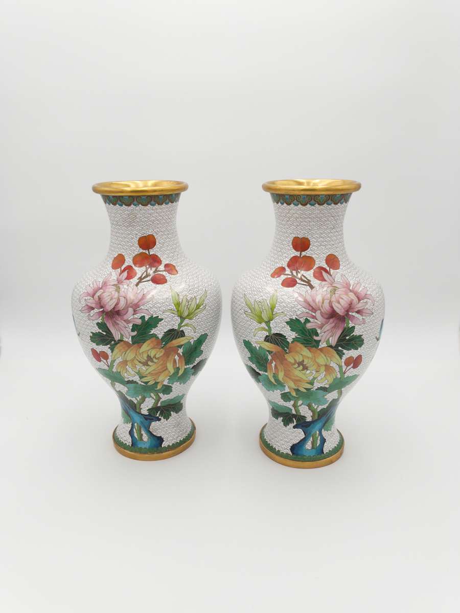 Vintage Chinese Cloisonne Floral Garden Enameled Brass Vase (2PC) 