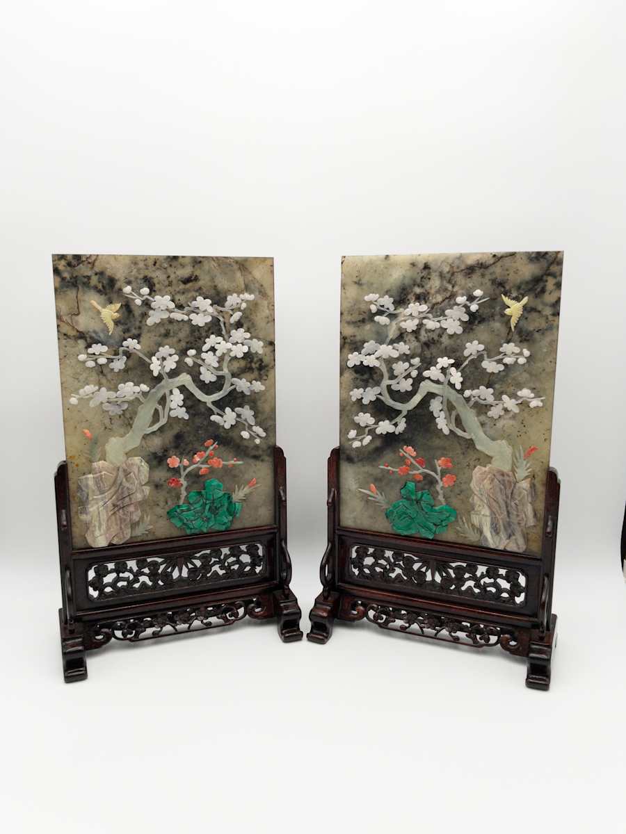 Chinese Spinach Jade & Marble Table Screens Pair w/ Hardwood Stands 
