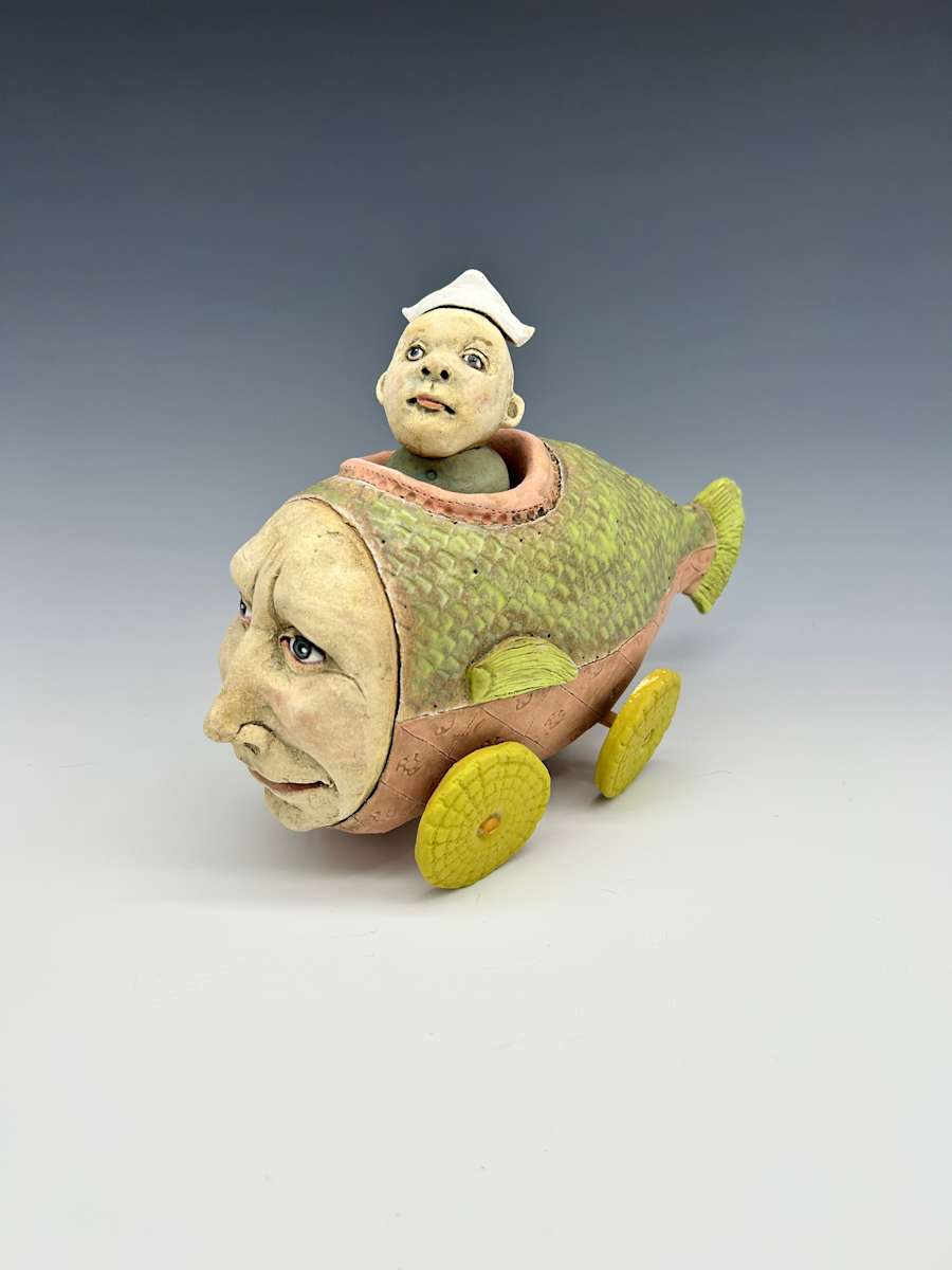 pink and chartreuse fish car with sailor by Jeanine Pennell 