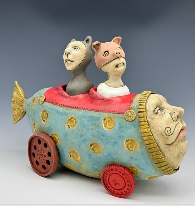 Pig and bear take a Sunday drive by Jeanine Pennell 