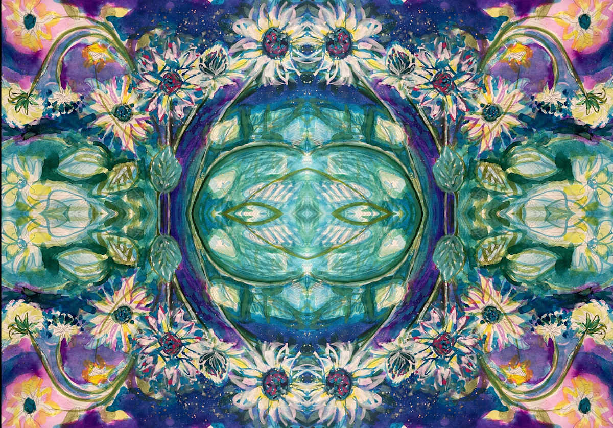 The Beginning (The Birth of the Universe) by Denita Benyshek  Image: I begin by gardening or hiking, encountering nature, then creating a watercolor painting. The painting is photographed, digitally manipulated to create a symmetrical design, then printed with archival pigment inks and developed with more paint and drawing materials, in an iterative, circular, metamodernist process. 
