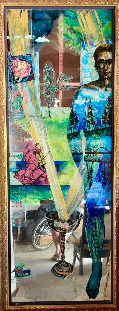 The Confluence of Two Rivers by Denita Benyshek  Image: Entire image, ornate gold frame. Image shows how mirror reflects room where artwork is hanging.