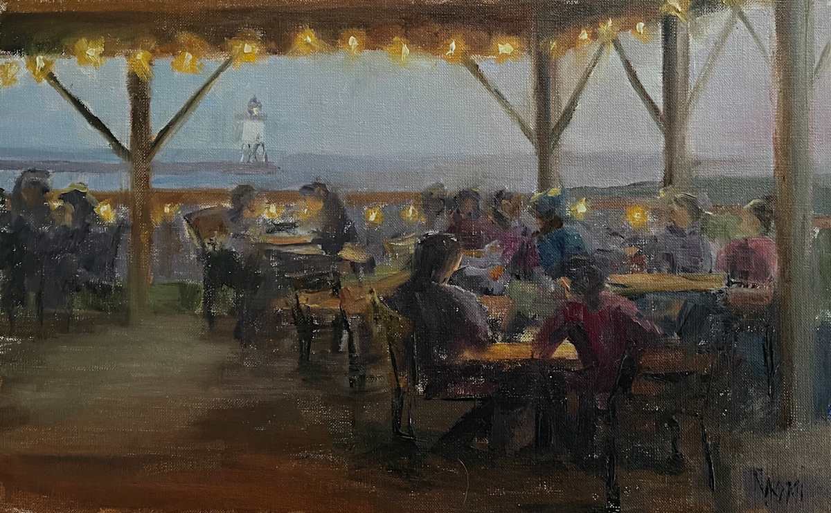 Dinner At the Brewery by Naomi Tiry Salgado  Image: iPhone image. Note: this painting is difficult to photograph. I have uploaded 2 attempts with my iPhone and neither image is accurate. Please ask to see in person. 
