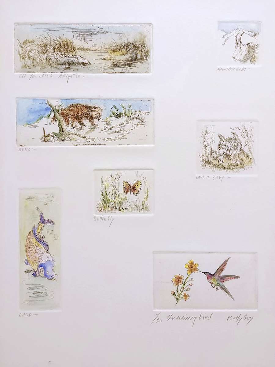See You Later Alligator, Mountain Goat, Bear, Owl + Baby, Butterfly, Carp, Hummingbird by Betty Guy 