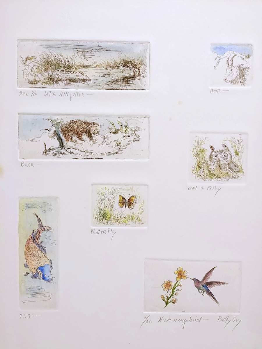 See You Later Alligator, Goat, Bear, Owl + Baby, Butterfly, Carp, Hummingbird by Betty Guy 