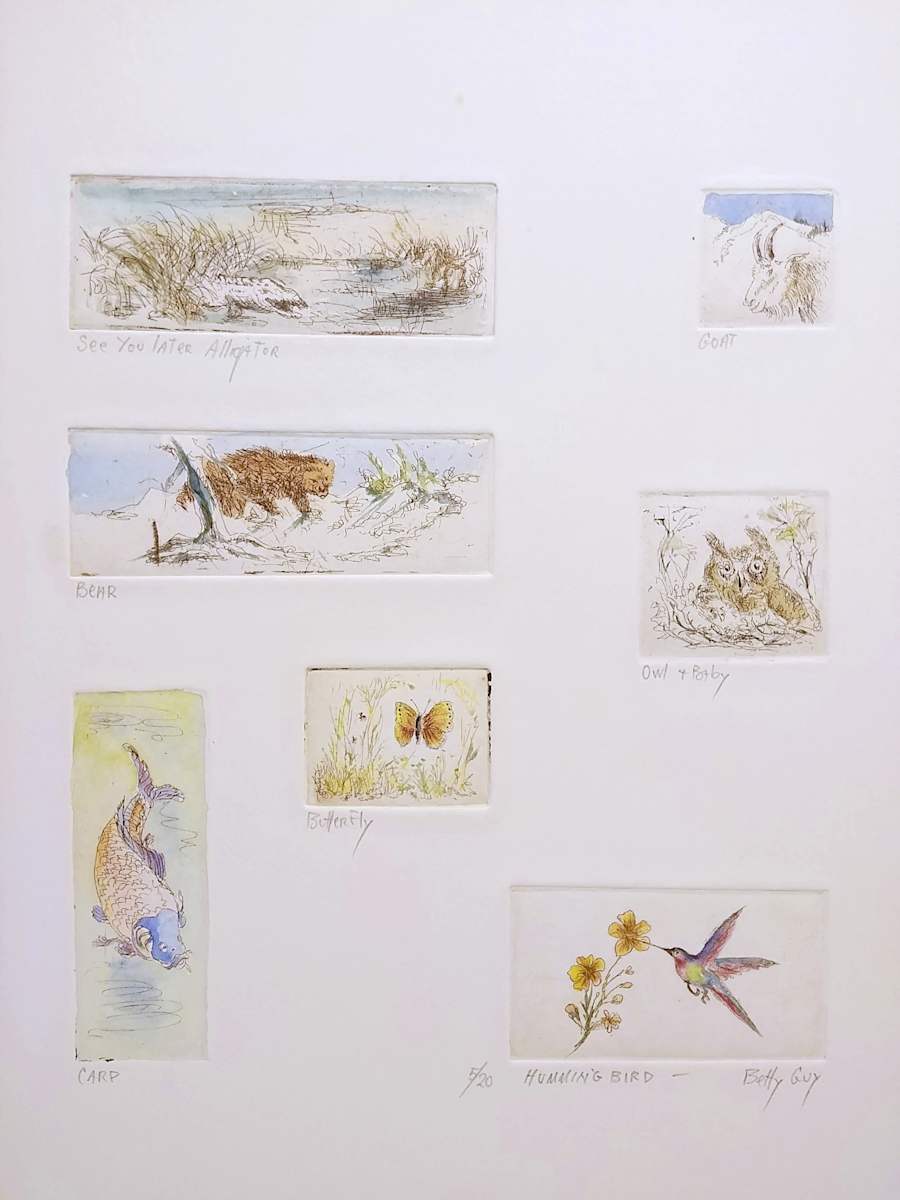 See You Later Alligator, Goat, Bear, Owl + Baby, Butterfly, Carp, Hummingbird by Betty Guy 