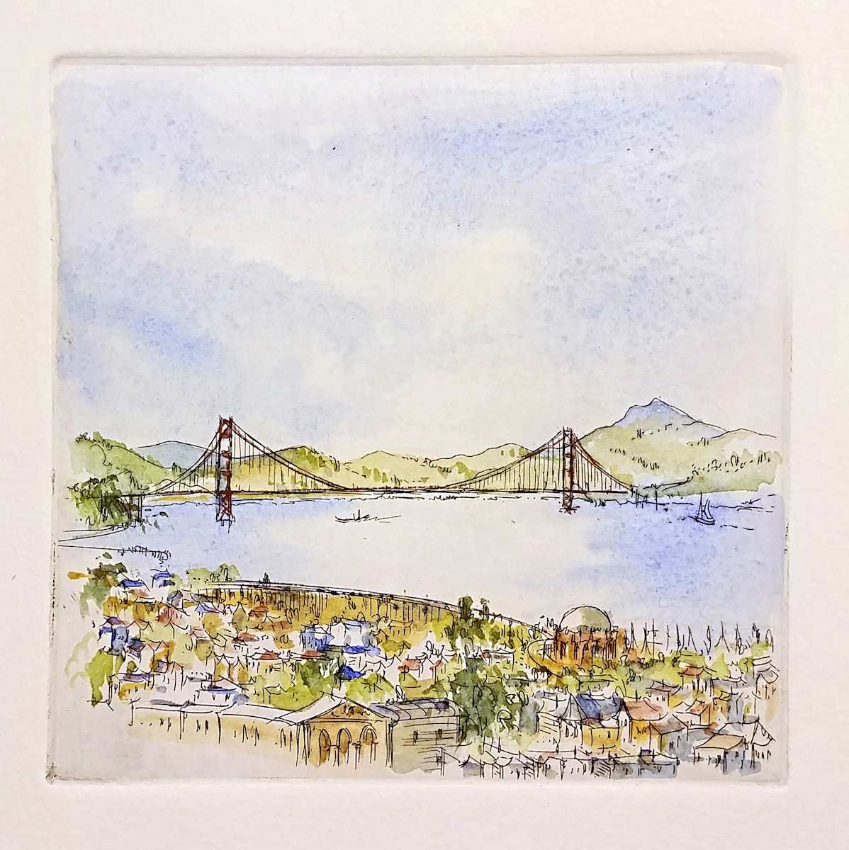Untitled (from a series of etchings of the Golden Gate Bridge) by Betty Guy 