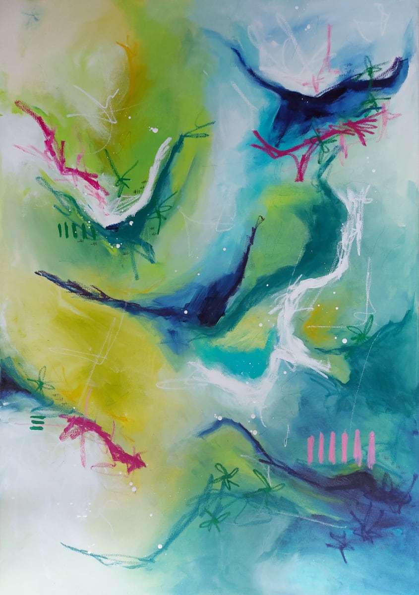 Blue Lagoon (when Coral grows back) by Haggith van Hees  Image: Blue Lagoon (when Coral grows back)
mixed media on canvas
in a white floater frame