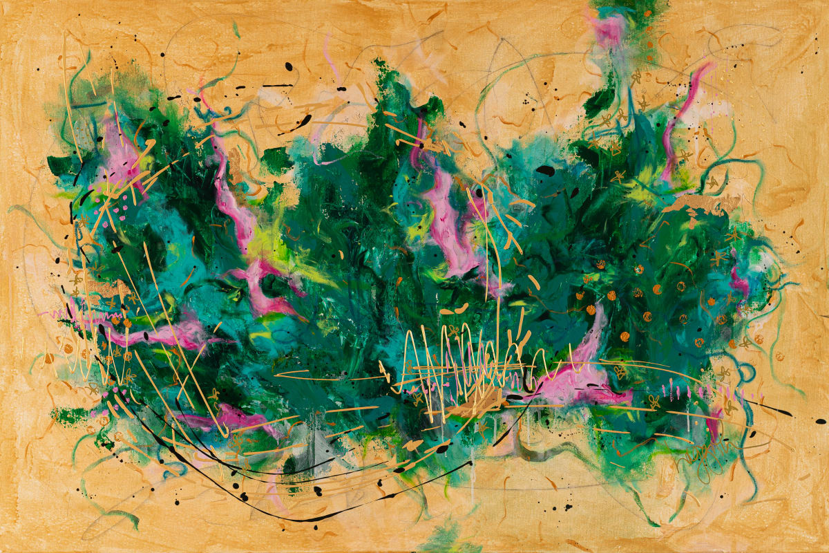 No Title (green/gold) by Haggith van Hees  Image: mixed media on canvas
in a gold floater frame