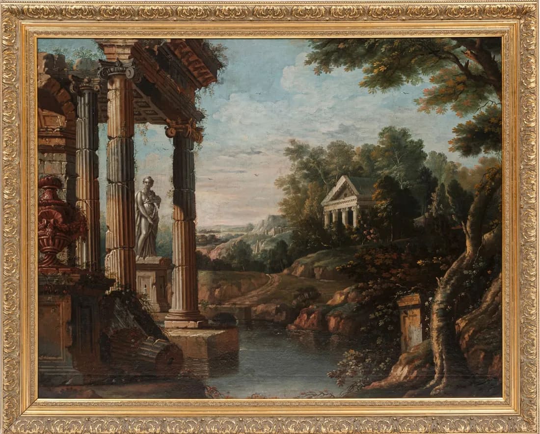 "A Capriccio of Classical Ruins on the River” by Italian School, Hubert Robert Attributed to  Image: “Along the River” Italian School, 18th c., "A Capriccio of Classical Ruins " oil on panel